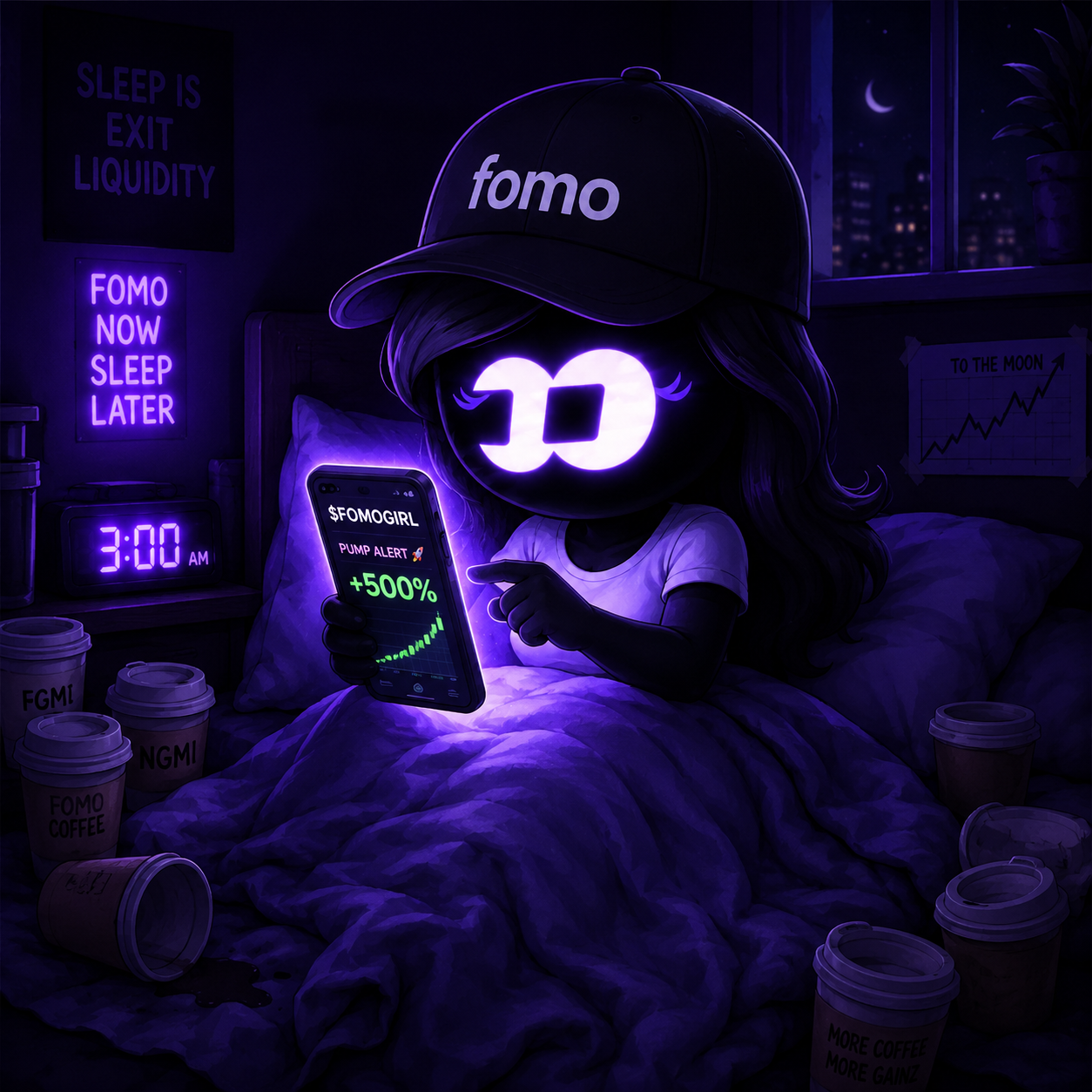 FOMO Girl awake at 3AM watching a pump alert on her phone surrounded by coffee cups