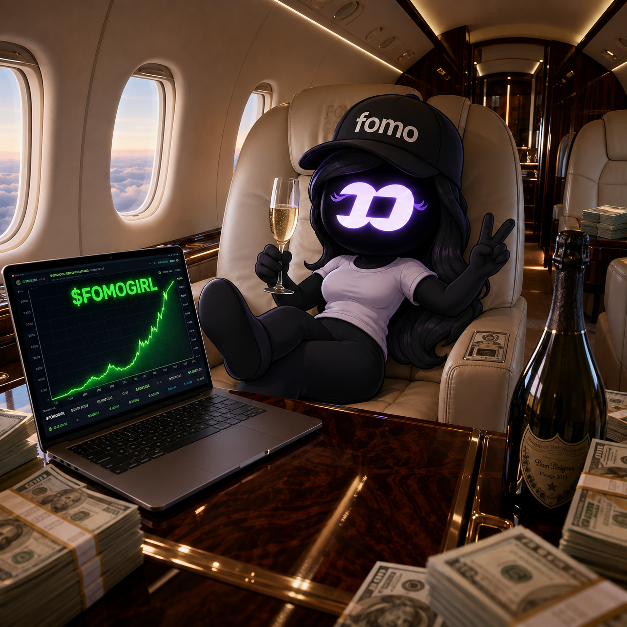 FOMO Girl relaxing on a private jet with champagne and a green $FOMOGIRL chart on her laptop