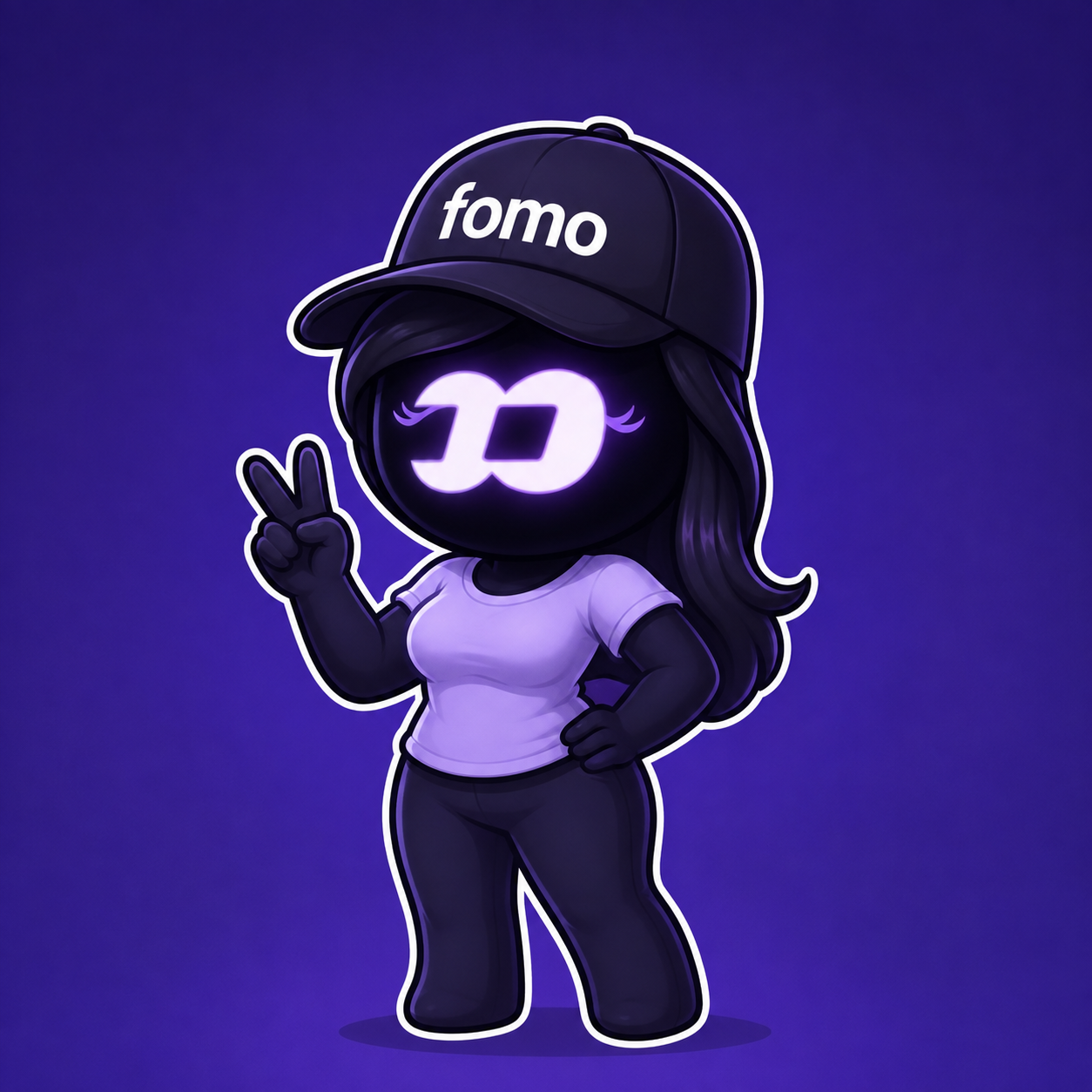 FOMO Girl, the mascot of $FOMOGIRL, throwing a peace sign in her fomo cap