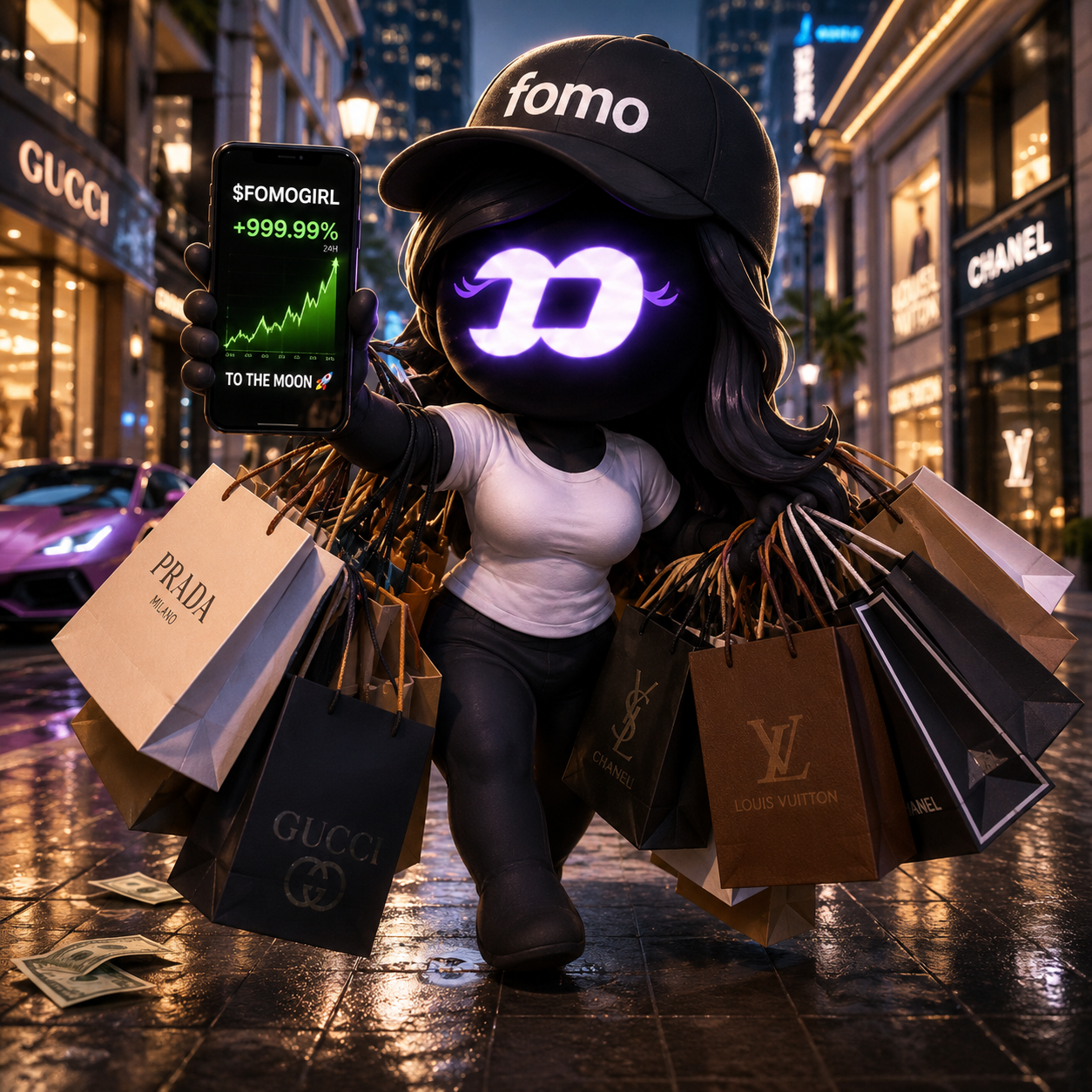 FOMO Girl walking a luxury shopping street at night loaded with designer bags